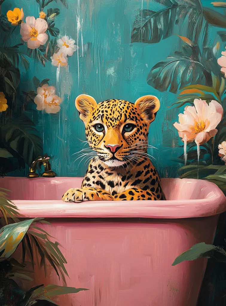 A young leopard with a serious expression sits in a pink bathtub. It is surrounded by lush green foliage with pink flowers. The background is a turquoise wall with a blurred texture, and the scene appears to be in a bathroom. The leopard's paws are resting on the edge of the tub, and its gaze is fixed on the viewer. The image is a whimsical and surreal combination of nature and domesticity.