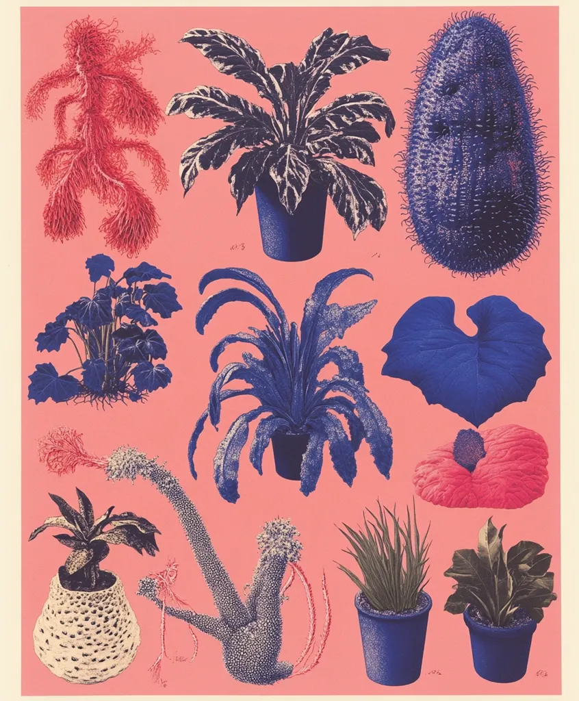 The image is a colorful, graphic illustration of a collection of plants on a pink background. The plants are stylized and have a textured, almost fuzzy, look. They are all in blue and pink hues, creating a vibrant and whimsical aesthetic.  The plants are arranged in a dynamic pattern, making the illustration visually engaging.