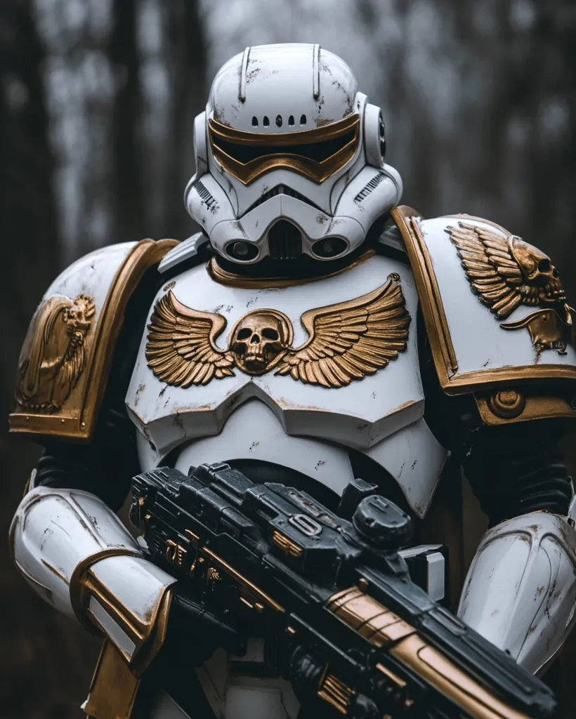 A white and gold armored figure, resembling a Stormtrooper, holds a black and gold blaster rifle. The armor is adorned with intricate details, including a skull with wings on the chest. The figure's helmet has a distressed, weathered appearance, giving the impression of battle-hardened experience. The background is blurry, suggesting a natural, forested environment. The image evokes a sense of power and authority, reminiscent of a futuristic warrior.