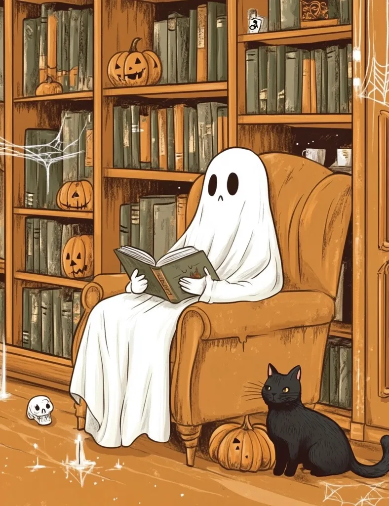A friendly ghost sits in a plush armchair reading a book by a bookshelf filled with spooky titles.  A black cat sits on the floor beside a jack-o-lantern, enjoying the cozy, autumnal scene. The room is decorated with Halloween-themed objects like pumpkins and cobwebs.  The image is drawn in a whimsical and charming style.