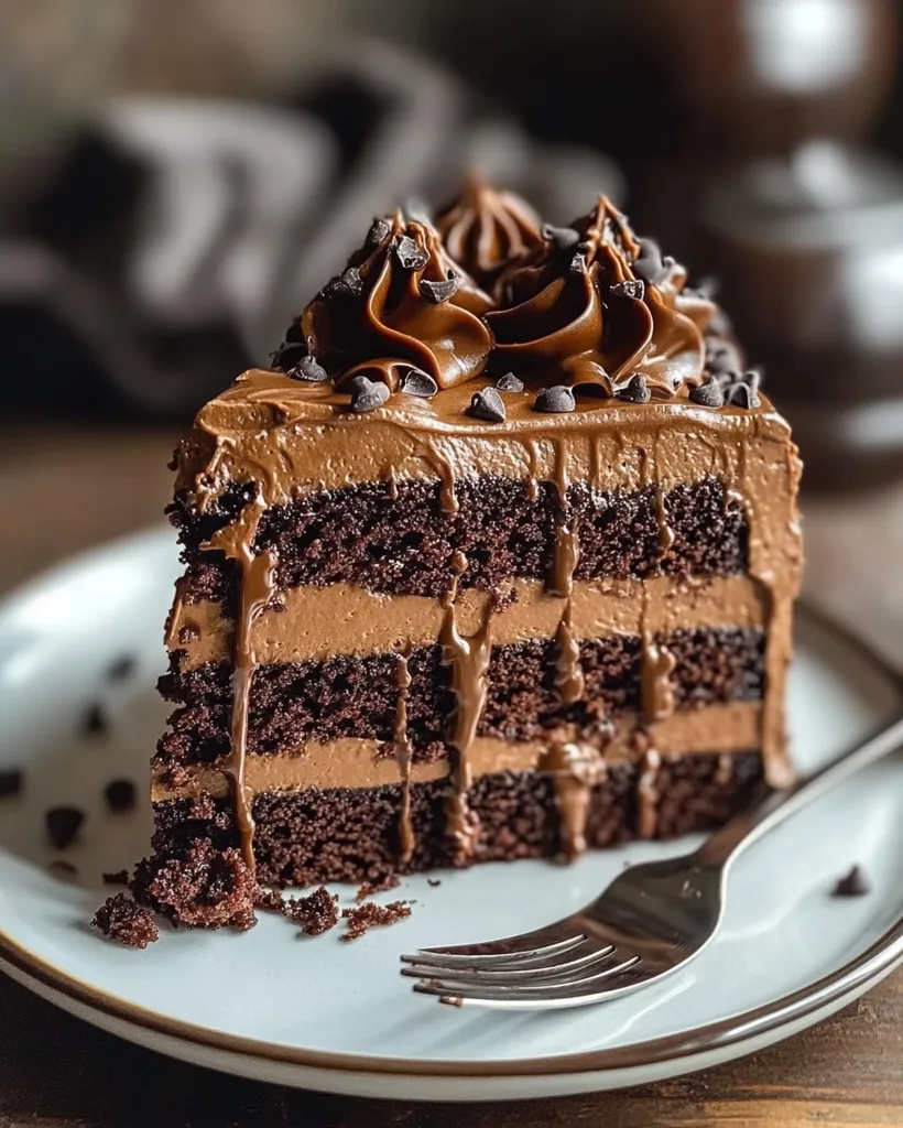 A decadent slice of chocolate cake sits on a white plate, its layers of rich chocolate sponge cake generously coated in thick chocolate frosting. The frosting is adorned with chocolate chips and a swirl of chocolate icing, creating a visually appealing and indulgent treat. A silver fork rests on the plate, ready to savor this delicious dessert.