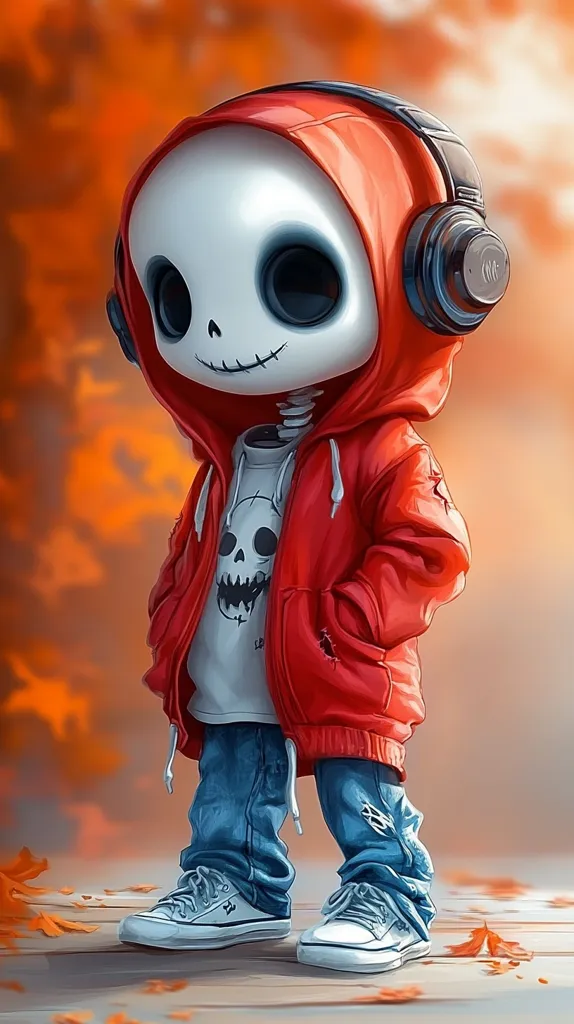 A cartoon skeleton wearing a red hoodie and blue jeans stands on a wooden surface with autumn leaves scattered around. The skeleton has large black eyes and a stitched-up smile. It wears headphones over its head and is sporting a white t-shirt with a skull design.  The background is a blurry orange and red, reminiscent of autumn foliage.