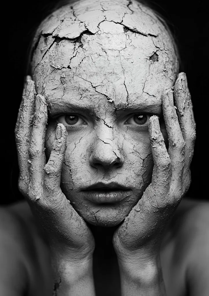 The image shows a person's face covered in cracked clay. Their hands are also covered in clay and are resting on their cheeks. The image is in black and white, emphasizing the texture of the clay and the person's intense expression. The cracks in the clay create a sense of fragility and vulnerability, while the person's gaze suggests a deep sadness or despair. The overall effect is unsettling and evokes a sense of mystery and introspection.