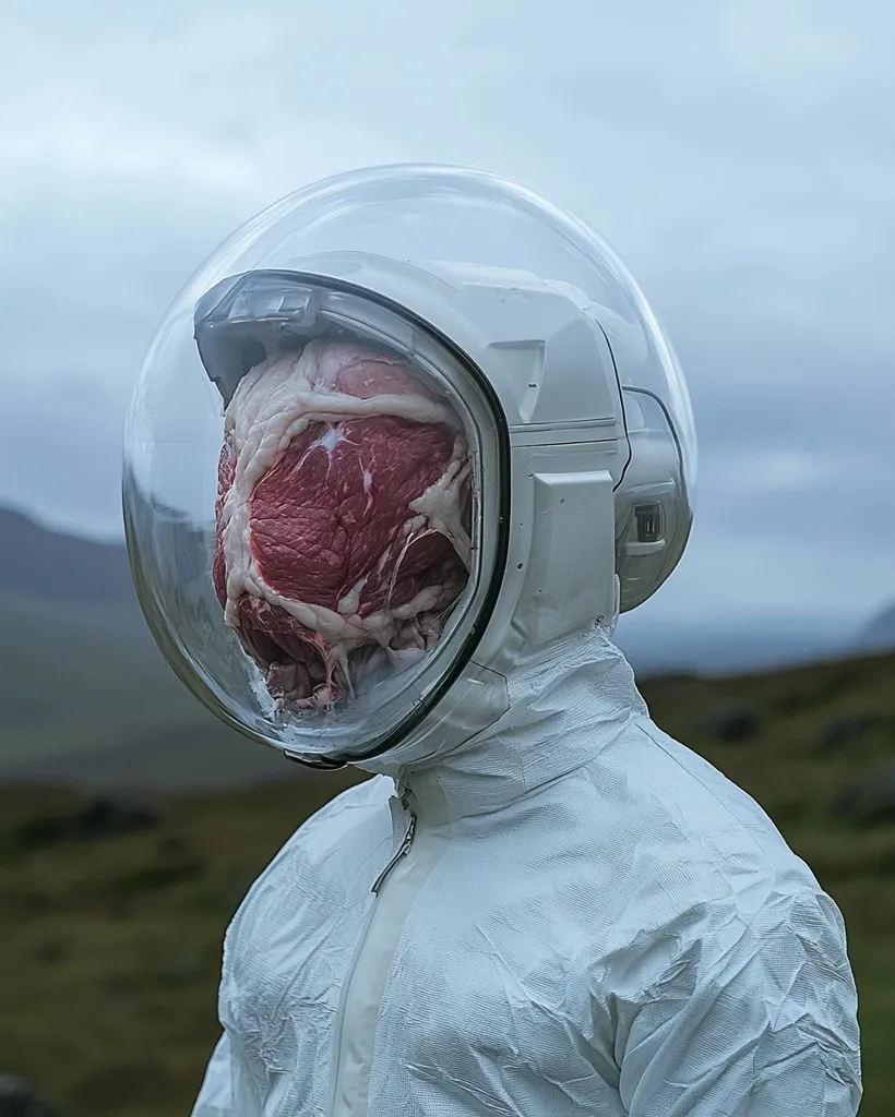 A person is wearing a white spacesuit and an astronaut helmet. The helmet's visor is transparent, revealing a raw piece of meat inside. The background is a grassy landscape. The image is a surreal and unsettling composition that evokes feelings of unease and discomfort.