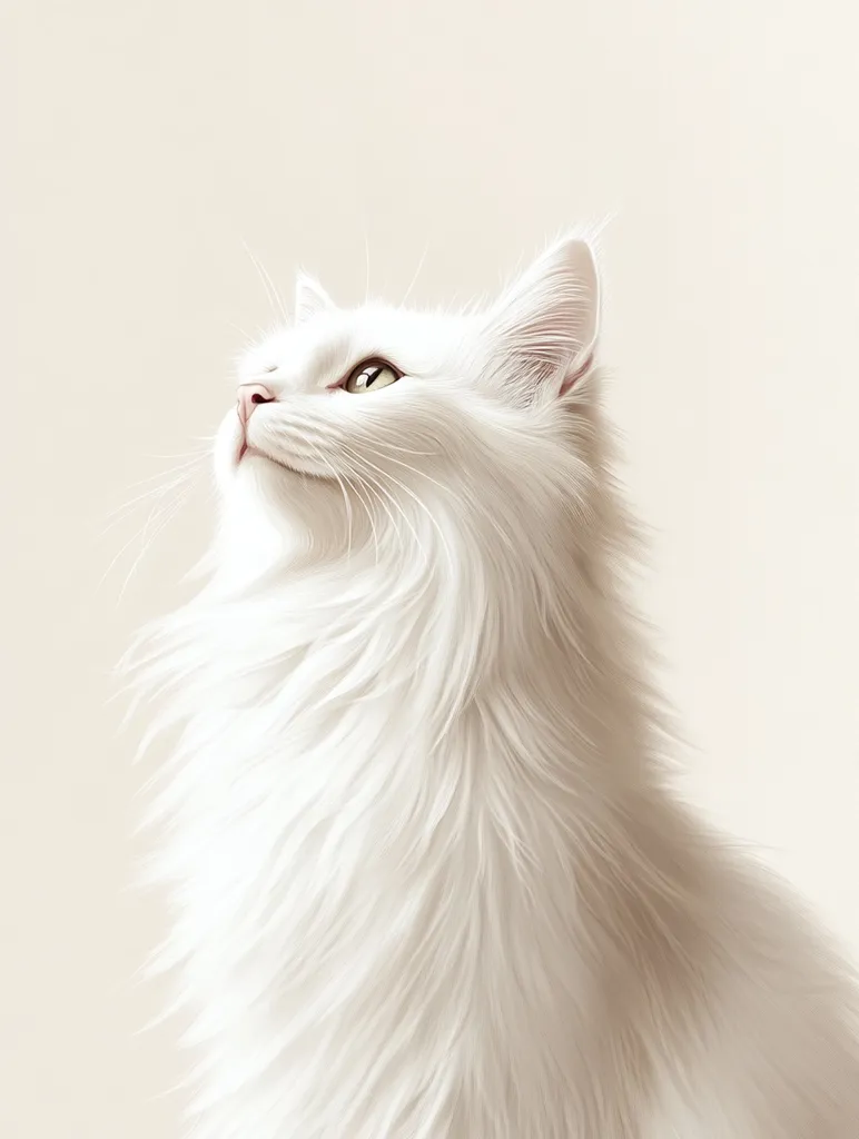 A white cat with fluffy fur is looking up with its head tilted to the side. Its eyes are golden, and the background is a soft beige. The cat appears to be gazing at something off-camera, its expression curious and attentive.  The image captures the cat's delicate features and gentle nature.