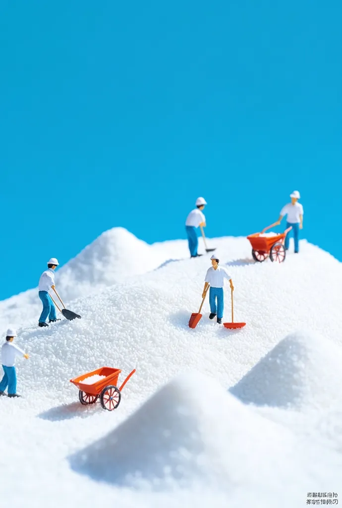 Tiny figurines of construction workers wearing white hard hats and blue overalls work on a large mound of white sugar. Some use red shovels and wheelbarrows to transport the sugar, while others stand around looking at the scene. The background is a vibrant blue sky. The scene is whimsical and playful, depicting the sugar as a giant construction site.