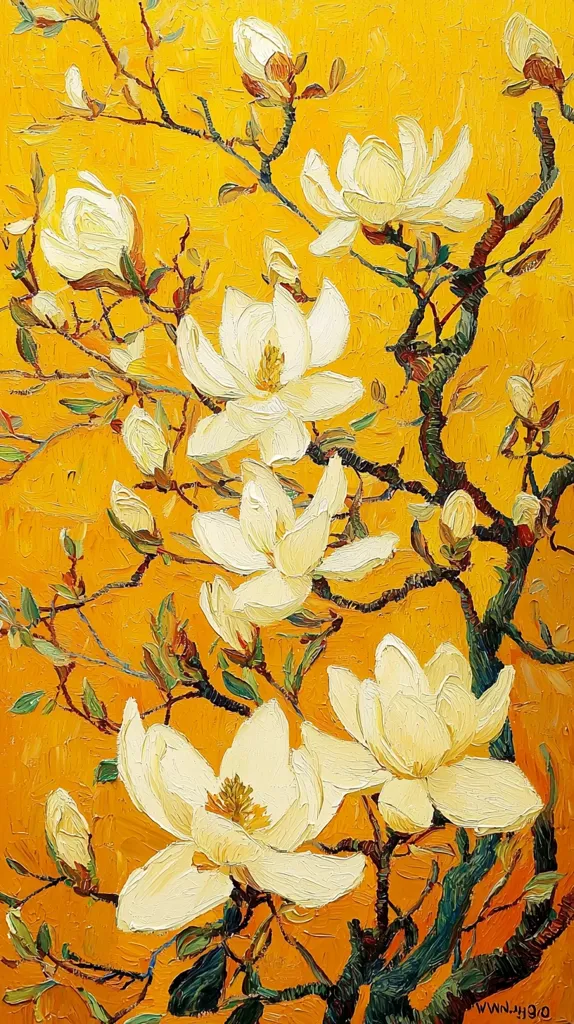 The painting depicts a close-up of a magnolia tree with its blossoms in full bloom. The flowers are white and delicate, with a soft, textured appearance. The branches of the tree are dark and twisted, providing a stark contrast against the vibrant yellow background. The overall effect is one of delicate beauty and vibrant energy.  The painting is likely oil on canvas and uses bold brushstrokes, typical of Impressionist style.