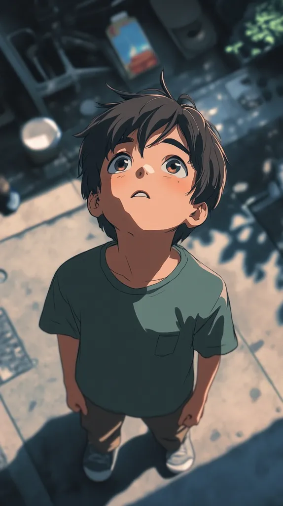 An anime-style illustration of a young boy looking up at something off-screen. He is wearing a green t-shirt and beige pants, with his brown hair styled in a side-swept look. The image has a soft, muted color palette, with the focus on the boy's expression of wonder. The background is a blur of buildings and street scenery.