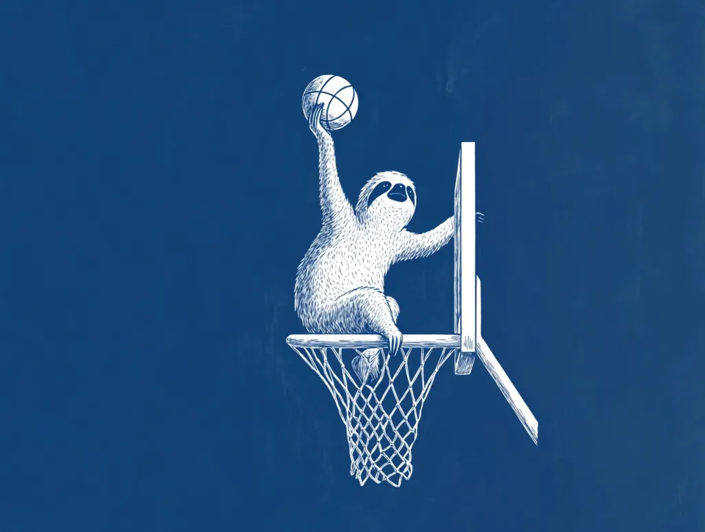 A white outline of a sloth, holding a basketball, is drawn on a blue background. The sloth is sitting on a basketball hoop, with the net hanging below. It appears as though the sloth is about to shoot the basketball through the hoop. The image is simple and humorous.