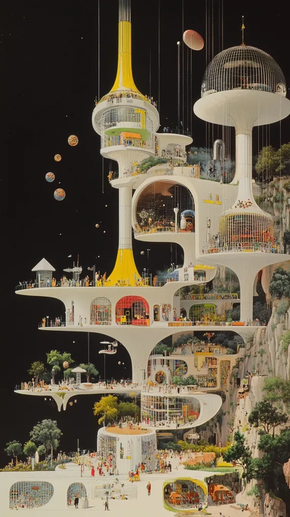 A futuristic city with a large, multi-level structure extending into the night sky. The structure is connected by walkways and features numerous circular platforms, each housing various shops and businesses.  The city is populated with people going about their daily lives, with an emphasis on public transportation and pedestrian access. The image depicts a utopian vision of a city that is both modern and environmentally conscious.