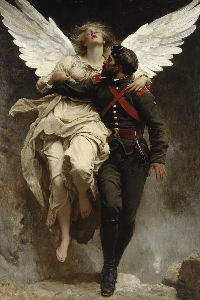 A winged woman in a white dress is holding a soldier in a dark green uniform with a red sash. The angel’s wings are spread behind her, and she looks down at the soldier with a gentle expression. The soldier appears to be in distress, with a look of sadness on his face. The scene is set in a dark and stormy landscape.