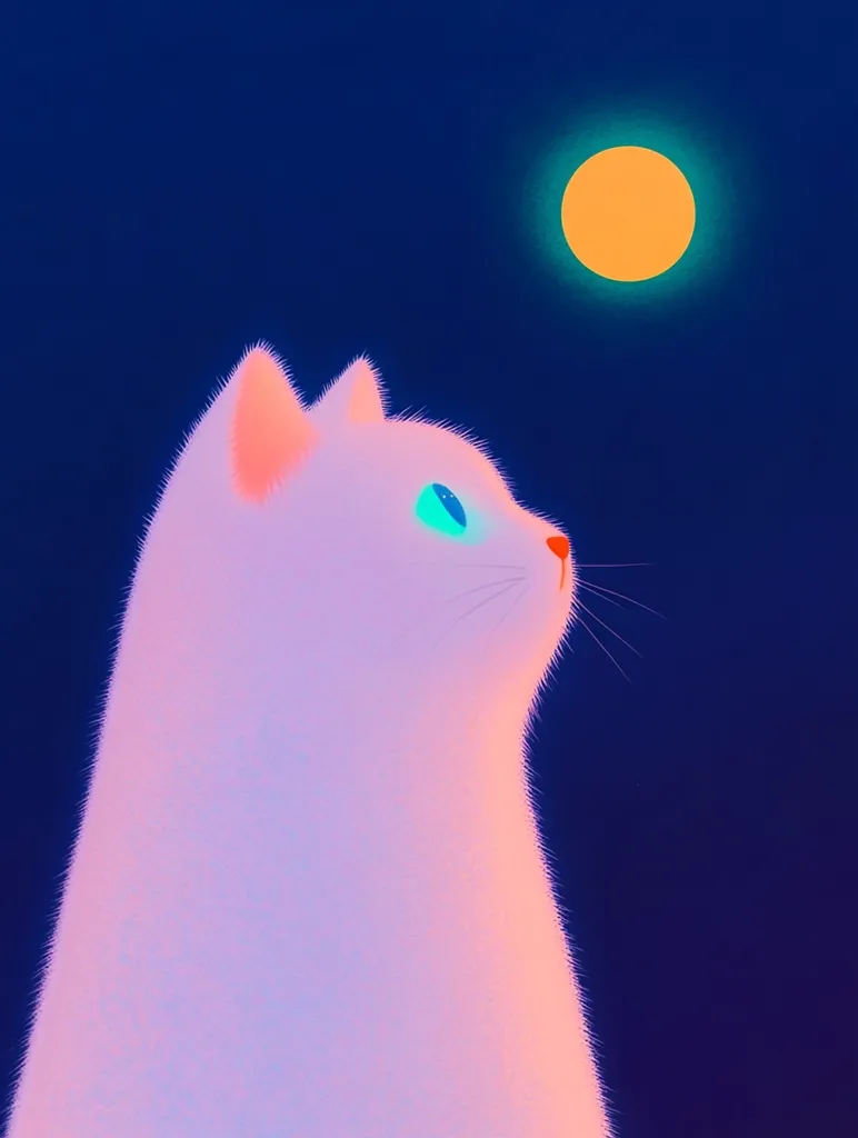 A white cat with a blue eye looks up at a large yellow moon against a deep blue night sky. The cat's fur is fluffy and soft, and its expression is calm and serene. The image evokes a sense of peace and tranquility, with the cat seemingly lost in thought as it gazes at the celestial body. The bright yellow moon contrasts with the dark blue sky, creating a visually striking image. The image is simple yet beautiful, capturing the beauty of a peaceful night scene.