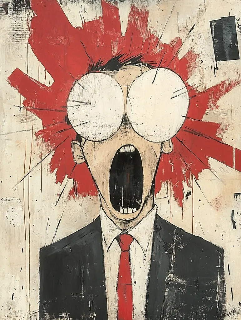 The painting depicts a man in a suit with a red tie, his mouth wide open in a scream. He has large, round eyes and his hair appears to be exploding outwards in a burst of red. The background is a rough, textured surface with hints of red and black. The overall impression is one of intense emotion and chaos.  The artwork is likely a commentary on the anxieties and pressures of modern life.