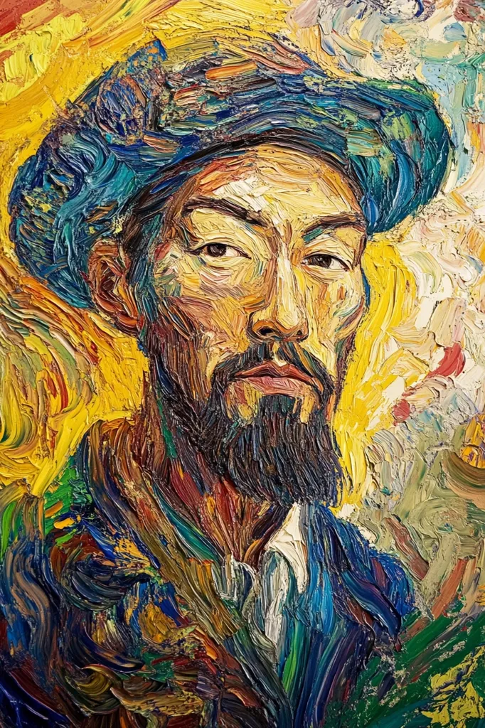 The painting is a close-up portrait of a man with a dark beard and mustache. He is wearing a blue hat and a dark jacket. The painting is done in a style reminiscent of Vincent van Gogh, with thick brushstrokes and vibrant colors. The background is a swirl of yellow, green, and blue, suggesting a landscape or a sky. The man's expression is serious and thoughtful. The artist has captured the man's intensity and depth of character with a few strokes.