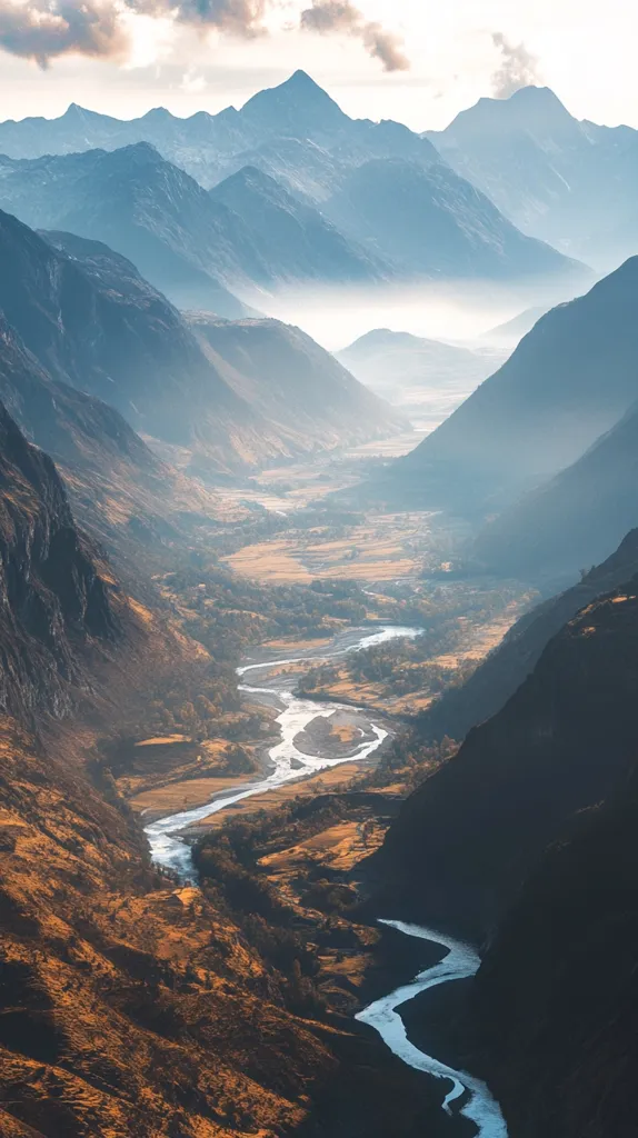 A winding river cuts through a deep valley, surrounded by majestic mountains. The sun casts a warm glow on the landscape, highlighting the rugged terrain and the meandering path of the river. The scene is both serene and awe-inspiring, with a sense of grandeur and solitude.  A veil of mist lingers over the valley, adding an ethereal quality to the image.