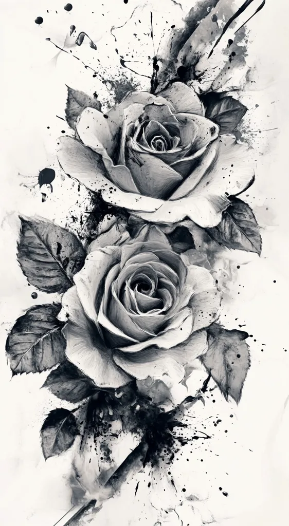 A black and white illustration of two roses with their petals open and facing each other. The background is a splatter of black ink that resembles the roses blooming in the foreground. The image is drawn with a minimalist and realistic style. The roses are drawn in a stylized and artistic manner. The overall effect is one of beauty and elegance.
