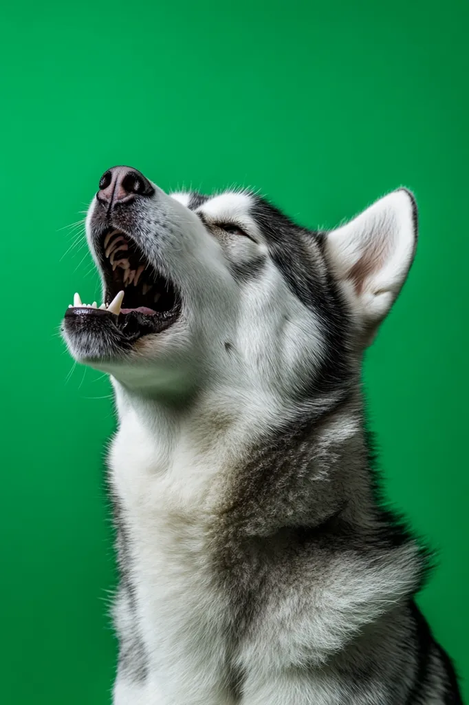 A Siberian husky with black and white fur is howling with its mouth open, showcasing sharp teeth. The dog's tongue is slightly visible. The dog is looking up towards the camera, with a green background behind it. The husky's fur is thick and fluffy. The overall mood is playful and energetic.
