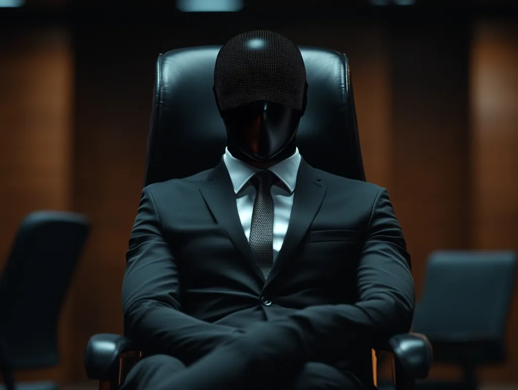 A person wearing a black suit and a black helmet sits in a leather office chair. The person's face is hidden by the helmet, adding a sense of mystery and intrigue. The dark lighting and the shadows further enhance the mysterious and potentially dangerous nature of the scene. The overall impression is one of power and secrecy.
