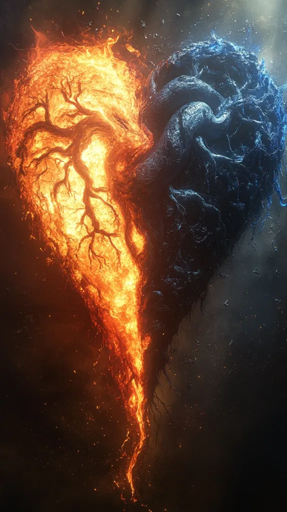 A fiery, abstract heart shape is composed of bright orange flames on the left and a dark, blue-tinged, tree-like form on the right. The flames seem to be pouring from a tree trunk and are engulfing the tree-like structure, creating a dramatic and contrasting image of fire and ice. The image is set against a dark, smoky background.