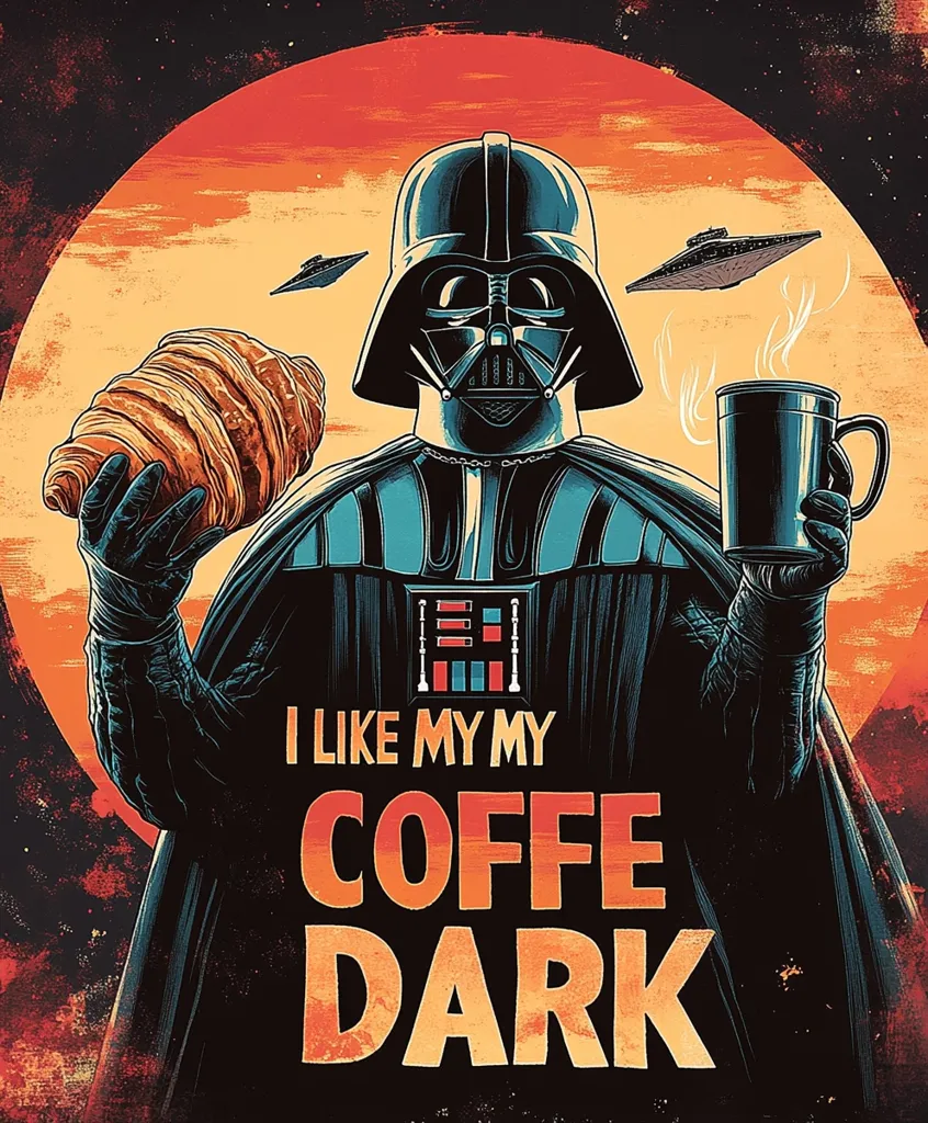 Darth Vader is depicted in a dark, illustrated style, holding a croissant in one hand and a mug of coffee in the other.  He is framed against an orange and red background that resembles a sunset, with two TIE fighters flying overhead. The text "I like my coffee dark" is emblazoned on his chest,  creating a humorous juxtaposition of the iconic Star Wars character with a relatable everyday preference. The image is a playful take on the dark side, with a lighthearted message.