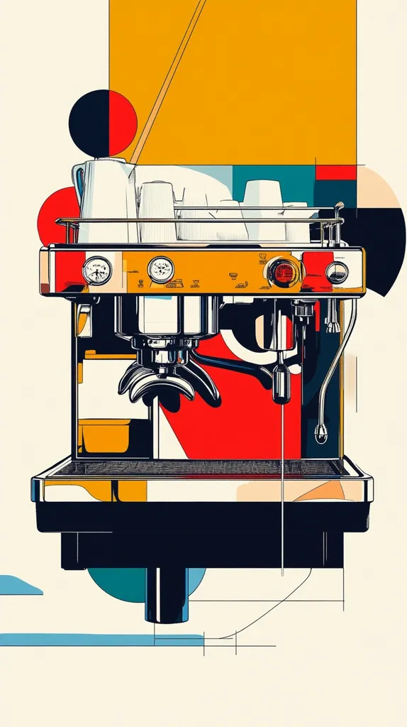 A black and chrome espresso machine sits on a counter with a bright yellow, red, and blue geometric pattern behind it. There are two cups in the top tray, with a white pitcher on the left. The machine has a steam wand and a spout where espresso is dispensed. The background is a soft beige.