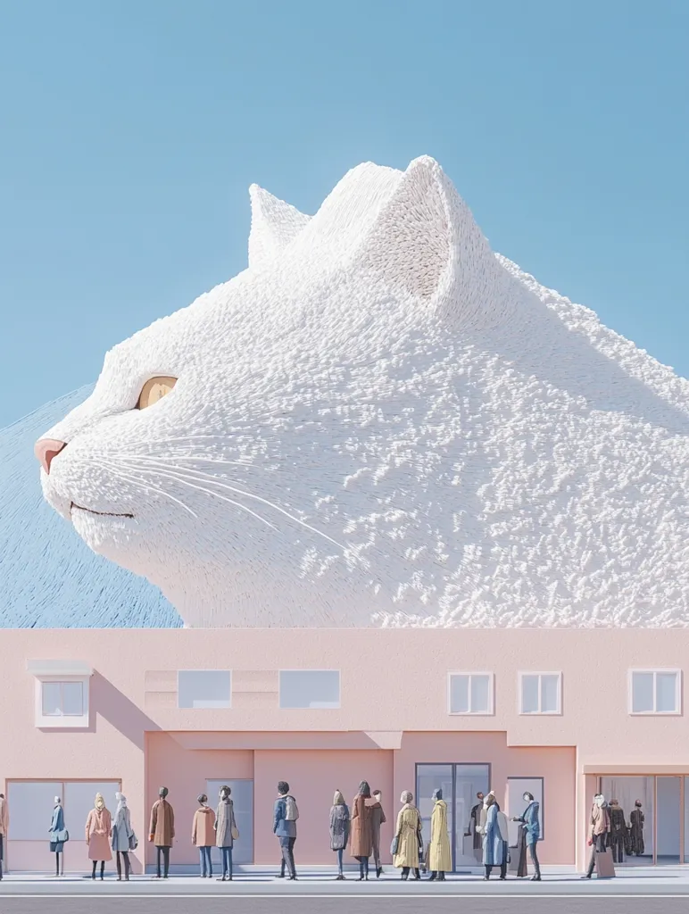 A giant white cat, made of fluffy, white material, looms over a pastel pink building.  The cat's face is close to the camera, its fur textured and detailed. Small figures stand outside the building, looking up at the cat, creating a surreal and dreamlike scene. The sky is a light blue, adding to the overall feeling of whimsy and innocence.