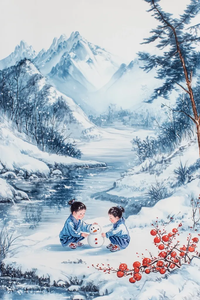 A watercolor painting depicts a serene winter landscape. Snow-covered mountains rise in the distance, framing a winding river flowing through a snowy valley. Two children, dressed in blue, are building a snowman in the foreground, adding a touch of warmth and joy to the scene.  Red berries on a branch add a splash of color against the white snow.  The delicate brushstrokes and soft hues create a tranquil and peaceful atmosphere.