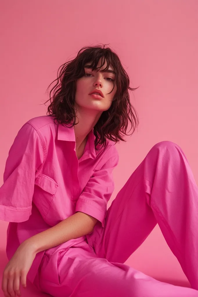 A woman with dark brown hair is sitting on a pink background. She is wearing a pink shirt and matching pants. Her hair is styled in a relaxed way and she is looking at the camera with a serious expression. The lighting is bright and the overall aesthetic is bold and dramatic.