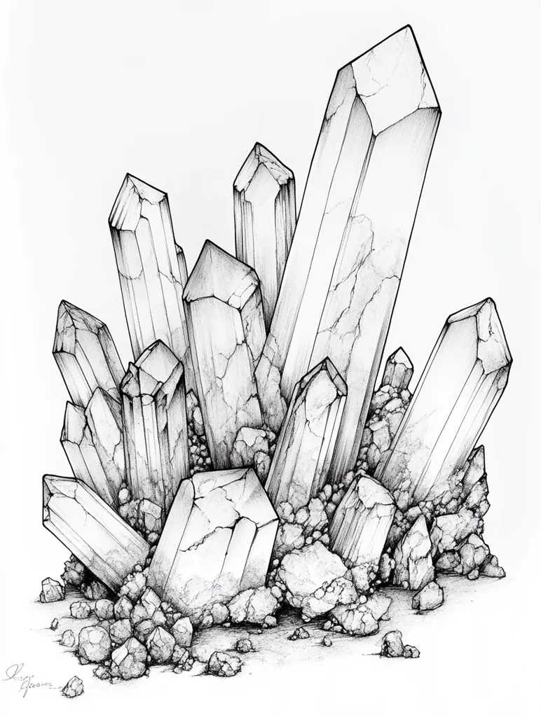 A detailed black and white drawing of a cluster of crystals. The crystals are drawn with intricate detail, showing their sharp edges, facets, and internal structure. The drawing is done in a realistic style, capturing the beauty and complexity of these natural formations. The artist has included small stones and rubble around the crystals, creating a sense of depth and texture.  The drawing is on a white background, allowing the details of the crystals to stand out. The artist has signed their name in the bottom left corner.