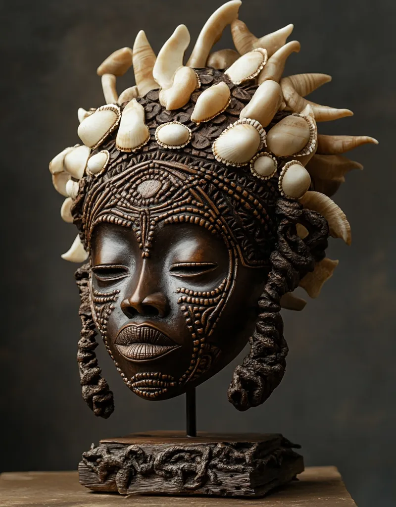 The image shows a wooden mask of a woman’s face. The mask is dark brown and carved with intricate details. It is adorned with a headdress made of white seashells and bone, creating a dramatic and striking visual. The mask is displayed on a wooden stand. The background is a dark, textured surface. The overall image conveys a sense of artistry, craftsmanship, and cultural significance.