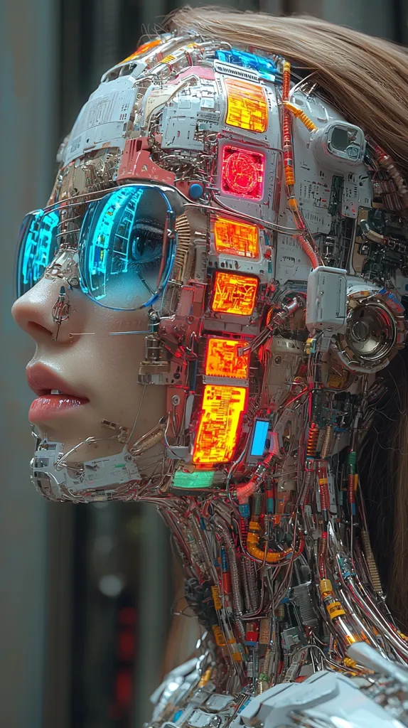 A futuristic cyborg with a female face is depicted. The head and neck are composed of intricate, interconnected circuitry and wires. The cyborg wears sunglasses with a glowing blue lens. The face is partly human with smooth skin, a delicate nose and full lips. The overall impression is of a hybrid, blending organic and technological elements.