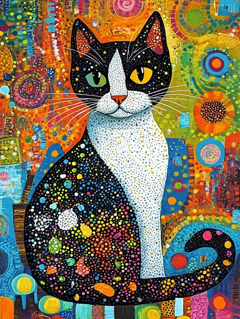 The image depicts a black and white cat with green and yellow eyes. The cat is sitting on a colorful background filled with swirling shapes, dots, and lines. The cat’s fur is covered in colorful dots, creating a vibrant and whimsical aesthetic. The overall feel of the image is playful and energetic.