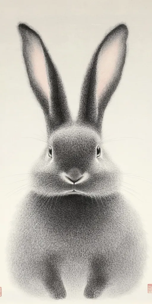 A close-up, detailed drawing of a gray rabbit with long ears and black eyes. The rabbit is looking directly at the viewer, with a serious expression on its face. The drawing is done in shades of gray, giving the rabbit a soft, fuzzy appearance. The background is a simple white, allowing the rabbit to stand out. The fine detail of the rabbit's fur is impressive. The rabbit's eyes are sharp, adding to the realism of the drawing.