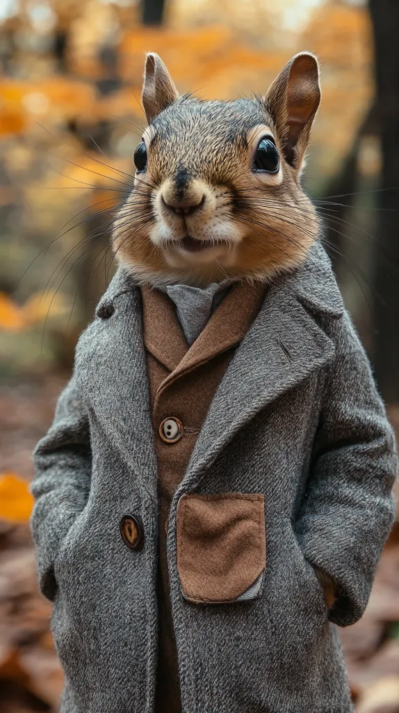 A squirrel, wearing a grey tweed coat with a brown vest and a light grey scarf, stands in a wooded area. The squirrel has a curious expression on its face, looking directly at the camera. The warm, autumnal tones of the background create a cozy and inviting atmosphere. The image is a whimsical and charming portrait of a dressed-up squirrel.