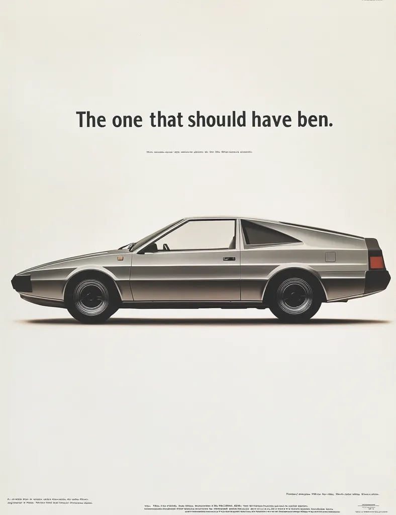 A vintage advertisement for a silver coupe with the headline "The one that should have been." The car is the centerpiece of the image and is shown in profile on a white background. The tagline suggests that the car is a missed opportunity or a product that never lived up to its potential.  The advertisement is simple yet striking, showcasing the car in a minimalist design.