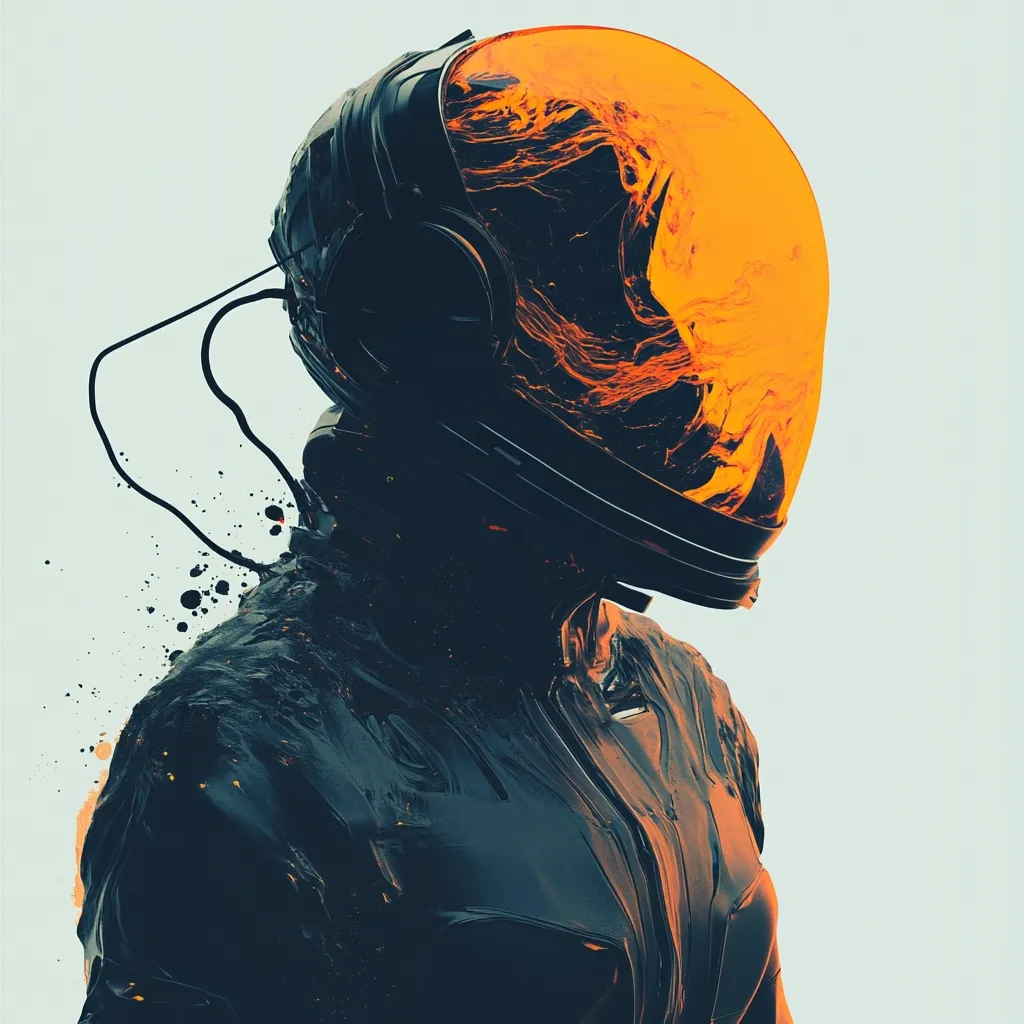 A futuristic astronaut, clad in a sleek black suit, wears a helmet with an orange visor that appears to be filled with swirling liquid.  The helmet's design is intricate, with visible wiring and a  dark interior. The astronaut's body is partially obscured by the helmet, leaving only a hint of their silhouette visible.  The background is a simple white gradient, emphasizing the striking contrast between the astronaut's dark suit and the bright orange of their helmet.  The image suggests a sense of isolation and mystery, hinting at a journey or exploration within a vast, unknown space.