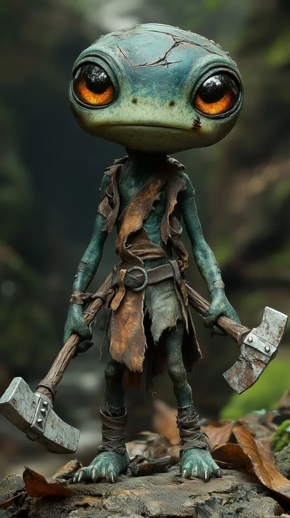 The image features a small, humanoid creature with large, expressive eyes and a weathered, green skin. It is dressed in tattered clothing and leather straps, and is holding two axes, one in each hand. The creature's stance is defiant and its expression is fierce, suggesting a warrior or protector. The background is blurred, focusing attention on the subject, and the lighting creates a sense of depth and drama.  The overall effect is a striking and imaginative creature design.