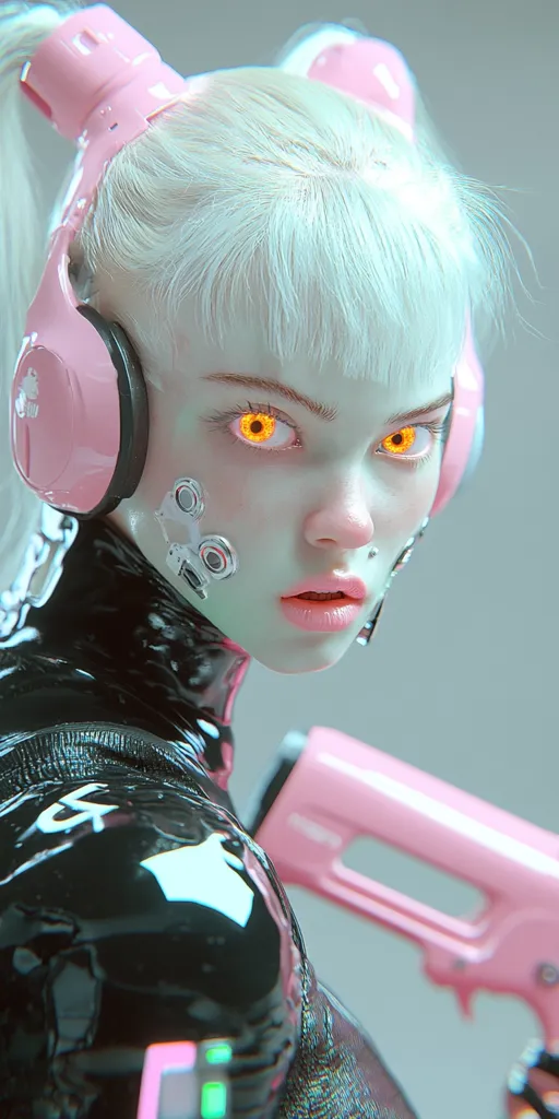 A young woman with white hair and bright yellow eyes wears a pink headset and a black, wet-looking suit. Her expression is intense, and she holds a pink weapon. The image is likely a digital illustration or a photo manipulation.