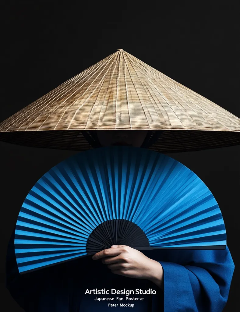 A person is wearing a conical hat and a blue robe, holding a blue and black hand fan in front of their face. The background is a solid black. The image has a minimalist and artistic aesthetic, with a focus on the simple shapes and colors.  The person's face is not visible, adding to the mystery of the image.  It evokes a sense of tradition, culture, and serenity.