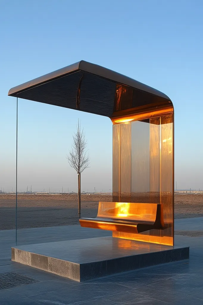 The image shows a modern, minimalist bus stop with a curved, metallic roof. The roof is supported by a single, slender column. The stop has a bench made of the same metallic material, adding to the sleek, modern aesthetic. The structure is set against a backdrop of a vast, open space, giving it a sense of grandeur and isolation. The metallic surface of the bus stop reflects the surrounding light, creating a warm, inviting glow.
