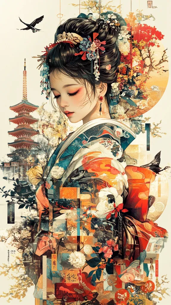 The image is a colorful collage of Japanese themes. A young woman with black hair, wearing a traditional kimono, is the focal point. Her expression is wistful, gazing downward. She is surrounded by intricate floral patterns, blooming cherry blossoms, and Japanese architectural elements, including a pagoda and traditional lanterns. The vibrant colors and delicate details create a sense of serenity and beauty, while the collage style adds a unique and abstract touch.