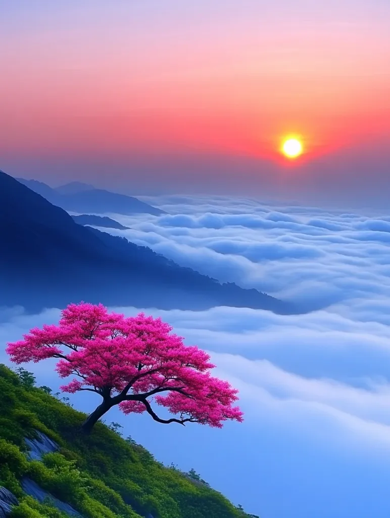 A vibrant pink tree stands proudly on a mountainside, overlooking a breathtaking vista of fluffy white clouds bathed in the golden light of a setting sun. The sky above is painted with hues of pink and purple, creating a dreamy and serene atmosphere.