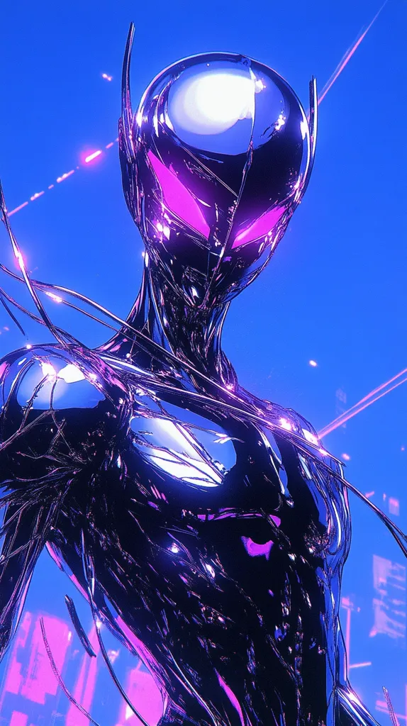 The image depicts a sleek, metallic figure with a futuristic design. The figure is silhouetted against a vibrant blue and purple background, with glowing pink lights illuminating the scene. The figure's head is a helmet-like structure with a shiny chrome finish. The body is slender and elongated, with a flowing, almost liquid-like appearance. The overall effect is one of cyberpunk futurism and otherworldly beauty.