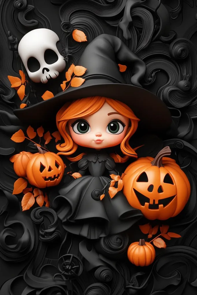 A cartoon witch with big eyes, red hair, and a black dress and hat sits amidst black, swirling shapes. Two jack-o'-lanterns with toothy grins and a small pumpkin are beside her. A white skull with a mischievous smile is in the top left corner. The scene is dark and whimsical, perfect for a Halloween celebration.