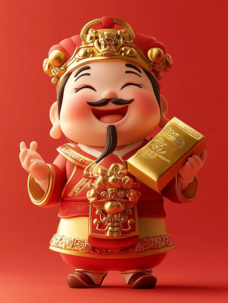 A chubby, cartoon-like figure, dressed in traditional Chinese garb, is holding a gold bar and smiling widely. The character is adorned in red and gold, with a large, ornate crown and a long, black mustache. He stands on a bright red background.  The image could symbolize wealth, prosperity, and good fortune.