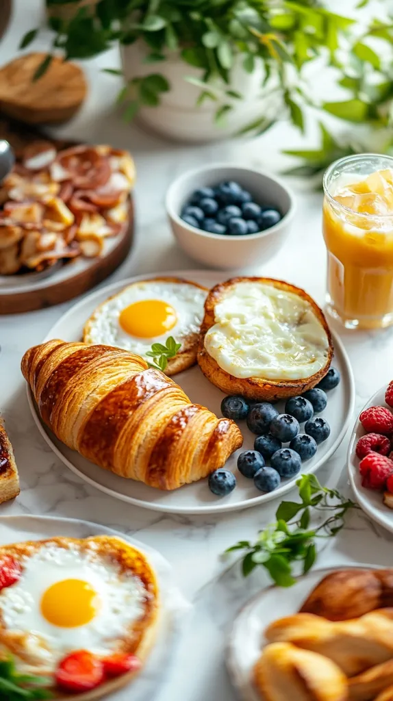 A breakfast spread on a marble table with a croissant, two fried eggs, a glass of orange juice, blueberries, and a bowl of fruit.  The image is vibrant and captures the essence of a delicious breakfast. The croissant is golden brown and flaky, the eggs are perfectly cooked, and the blueberries are plump and juicy. The orange juice is bright and refreshing.  This is a delightful image that makes you want to grab a plate and enjoy a delicious breakfast.