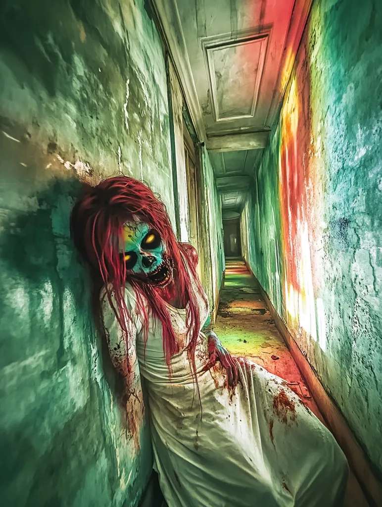 A woman dressed in a white gown with blood splatters, her face painted blue and white,  stands in a dark hallway. The walls are stained green and red with dripping paint. She appears to be in a state of distress with long red hair and a distorted expression. Her eyes are wide open, staring out at the viewer with an unsettling intensity. The image creates a sense of fear and unease.  The hallway stretches away into the darkness, adding to the spooky ambiance.