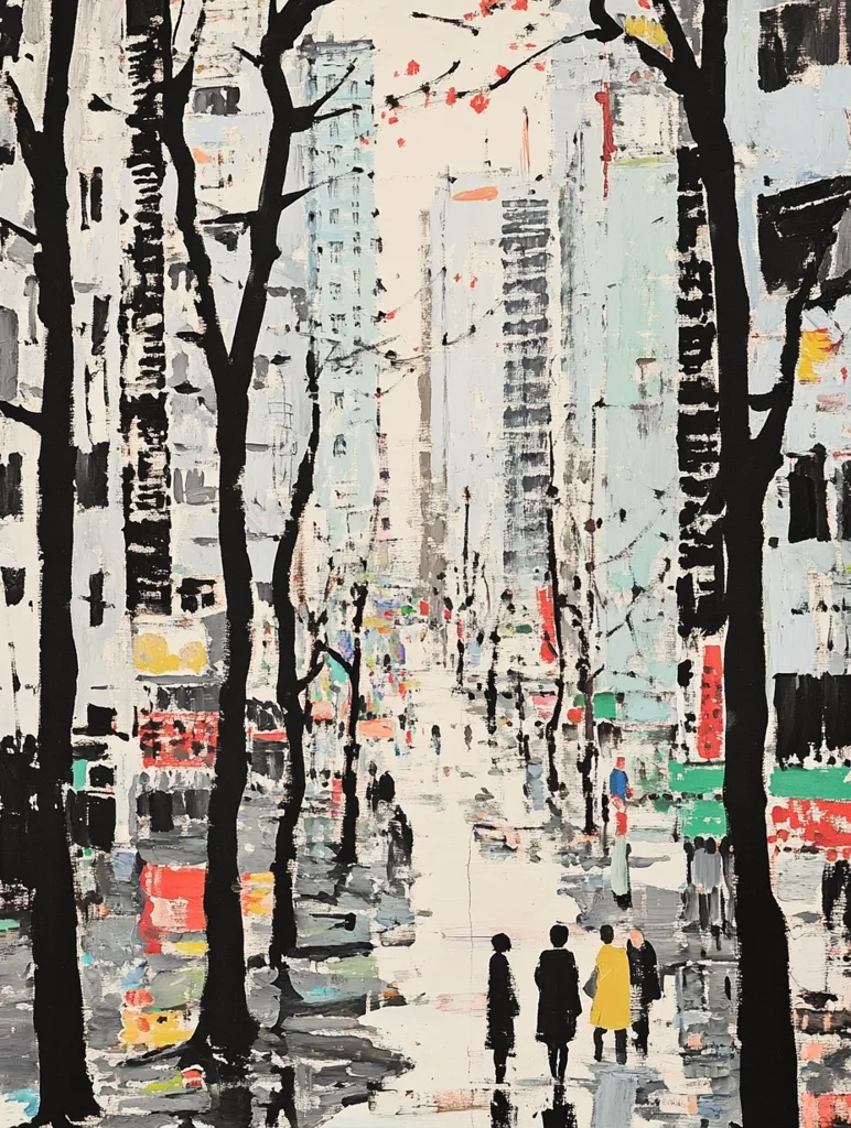 The image depicts a city street scene with tall buildings on either side. The buildings are painted in a loose, impressionistic style, with brushstrokes visible.  The street is lined with trees, which are rendered in stark black, creating a strong contrast to the lighter colors of the buildings. In the distance, figures appear to be walking along the street. There are also hints of red, yellow, and green, which may represent foliage or signage. The overall atmosphere of the painting is one of quiet contemplation and urban serenity.
