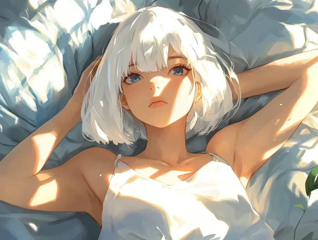 A young woman with white hair and blue eyes is lying in bed, her arms stretched out behind her head. The sunlight streams through the window, casting a warm glow on her skin and illuminating her soft features. She is wearing a white tank top, and her hair is styled in a simple, elegant fashion. The scene is peaceful and serene, suggesting a moment of rest and relaxation.