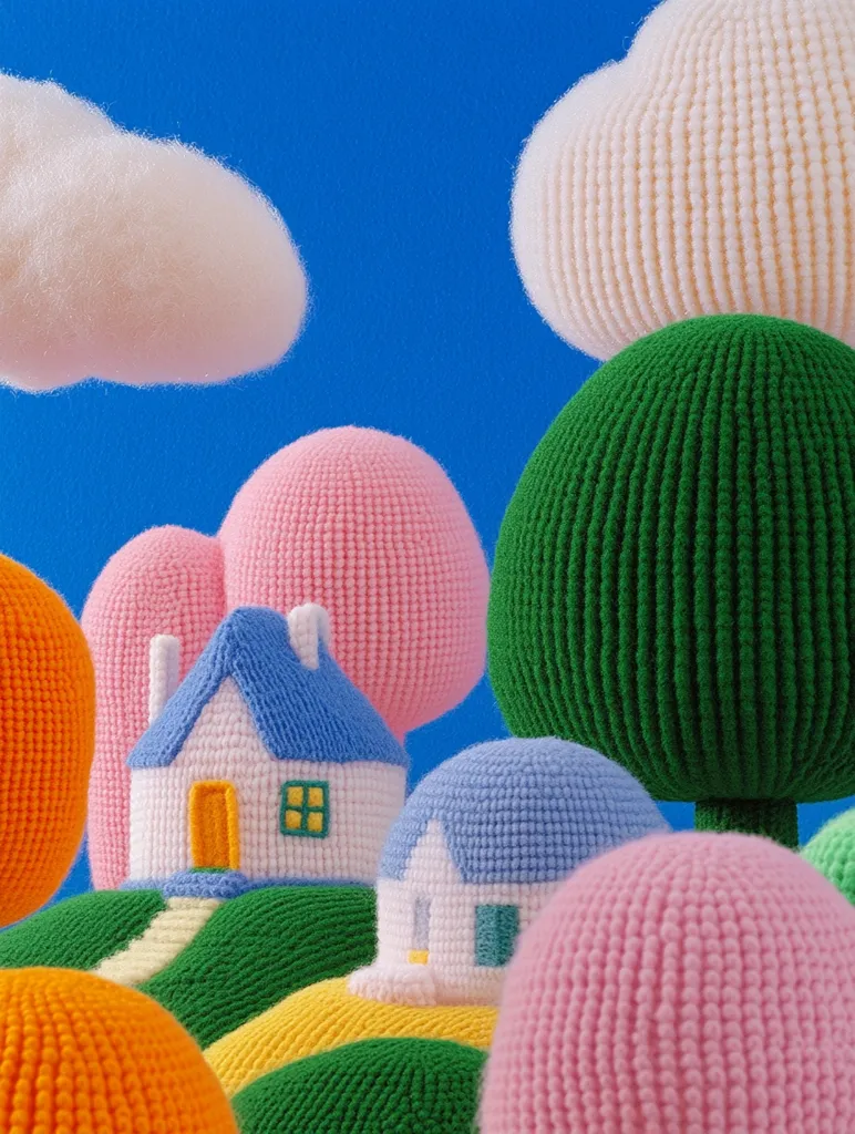 A crocheted scene of a whimsical countryside with fluffy clouds, a small white house with a yellow door and blue roof, surrounded by vibrant pink, green, and orange crocheted spheres, creating a charming and playful landscape. The use of texture and color makes the scene visually appealing and inviting.